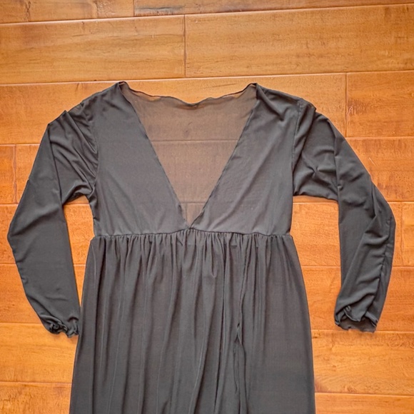 Y2K Sheer Mesh High-Slit Maxi Black Dress M 3/4 Sleeve - Picture 6 of 10